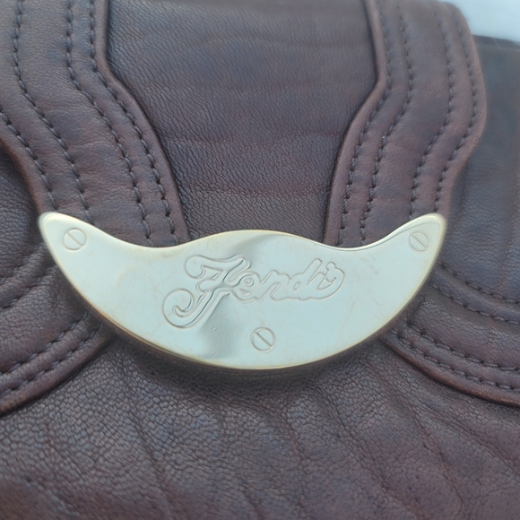 Fendi Brown Leather Wallet Clutch gold logo brass with box Continental - Picture 2 of 15